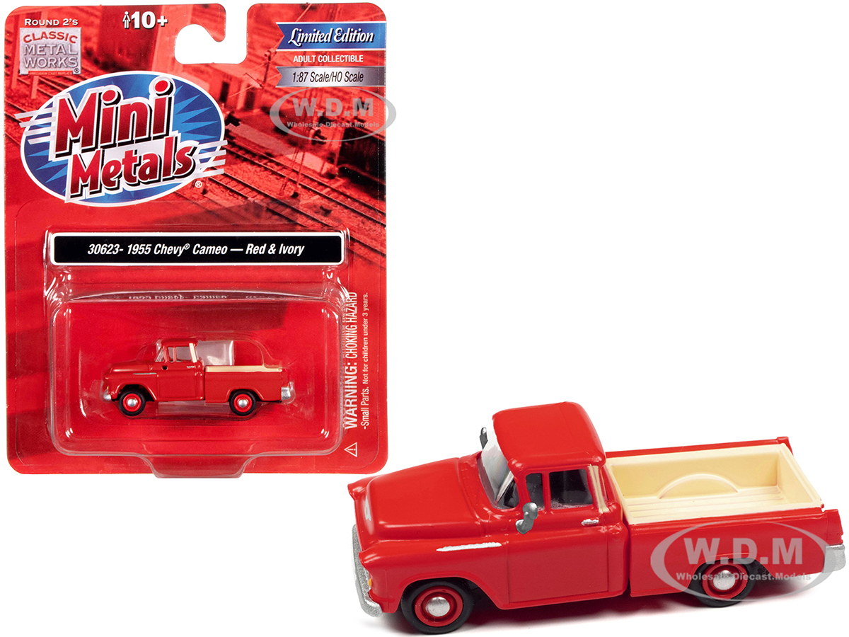 1955 Chevrolet Cameo Pickup Truck Red and Ivory 1/87 (HO) Scale Model Car by Classic Metal Works