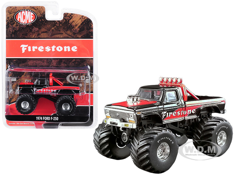 1974 Ford F-250 Monster Truck Firestone Black and Red ACME Exclusive 1/64 Diecast Model Car by Greenlight for ACME