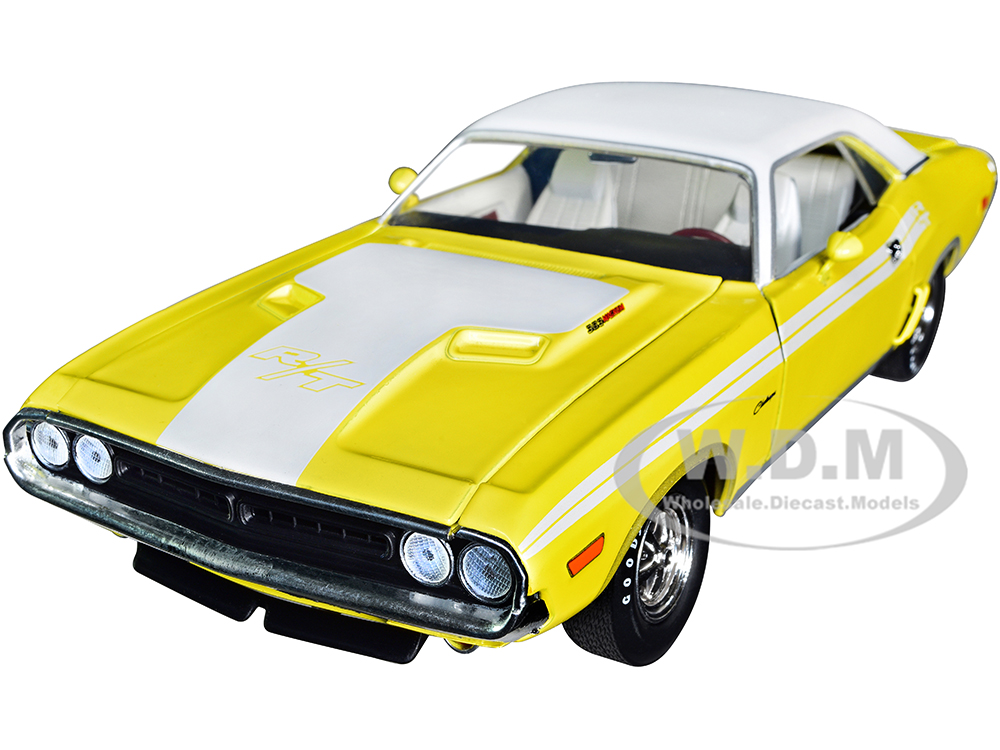 1971 Dodge Challenger R/T 383 Banana Yellow with White Stripes and Vinyl White Top Limited Edition to 6550 pieces Worldwide 1/24 Diecast Model Car by M2 Machines