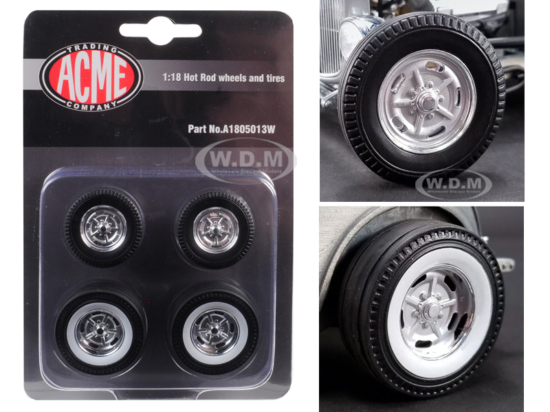 Chrome Salt Flat Wheel And Tire Set Of 4 Pieces From "1932 Ford 5 Window Hot Rod" 1/18 By Acme