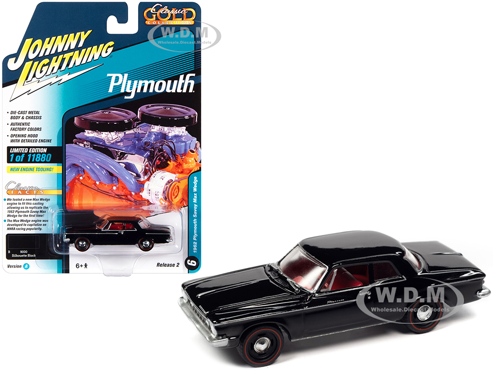 1962 Plymouth Savoy Max Wedge Silhouette Black with Red Interior Classic Gold Collection Series Limited Edition to 11880 pieces Worldwide 1/64 Diecast Model Car by Johnny Lightning