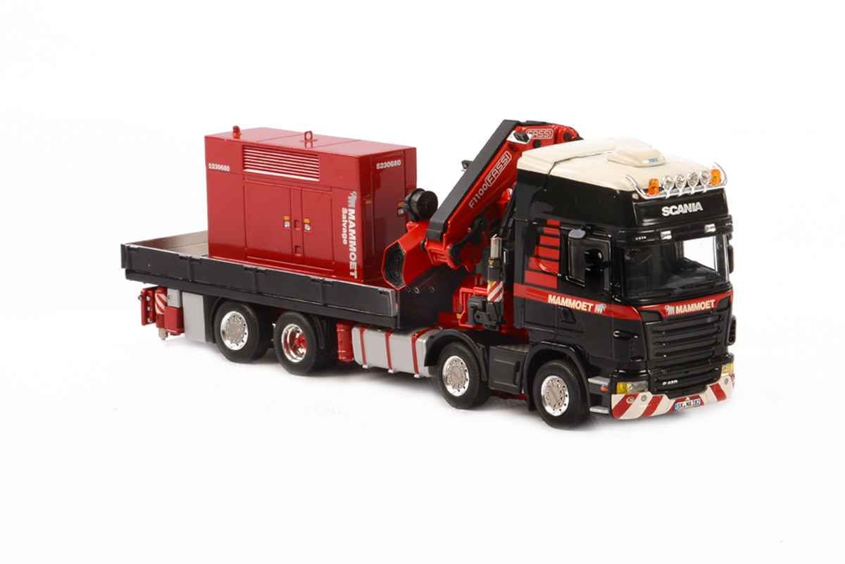 Scania R480 8x2 "mammoet" Truck Black With "fassi" Crane And Red Generator 1/50 Diecast Model By Wsi Models