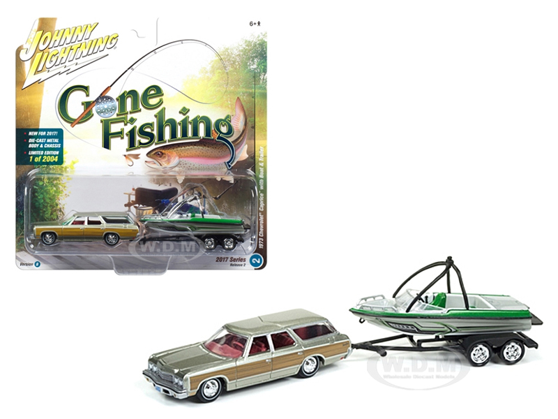 1973 Chevrolet Caprice Silver Poly With Wood Grain With Boat And Trailer "gone Fishing" 1/64 Diecast Model Car By Johnny Lightning