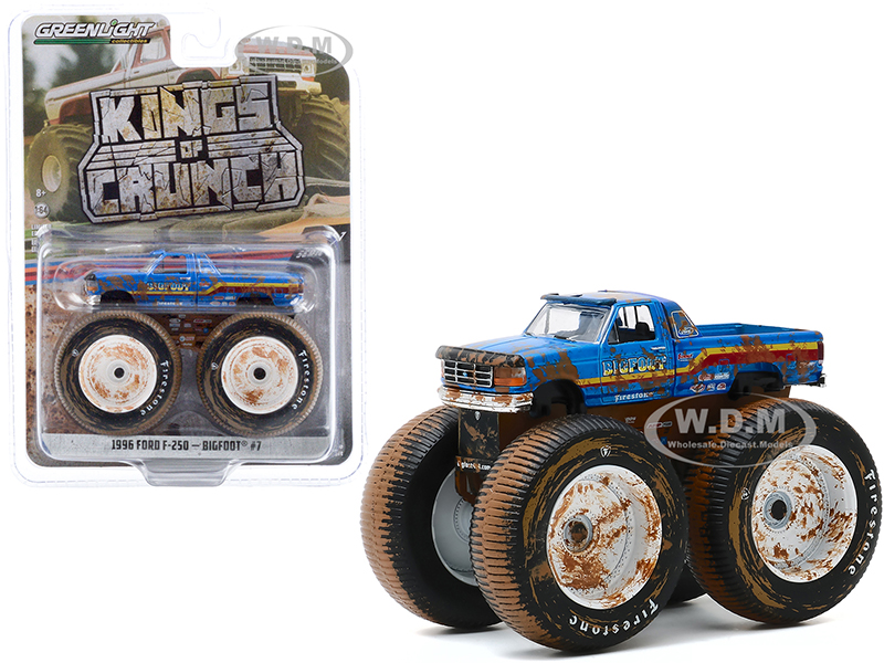 1996 Ford F-250 Monster Truck Bigfoot #7 Blue (Dirty Version) Kings of Crunch Series 7 1/64 Diecast Model Car by Greenlight