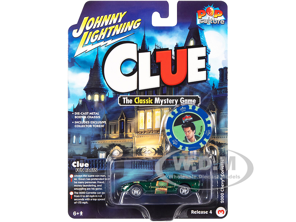 2000 Chevrolet Corvette Convertible Green Metallic (Mr. Green) with Poker Chip Collectors Token Modern Clue Pop Culture 2022 Release 4 1/64 Diecast Model Car by Johnny Lightning