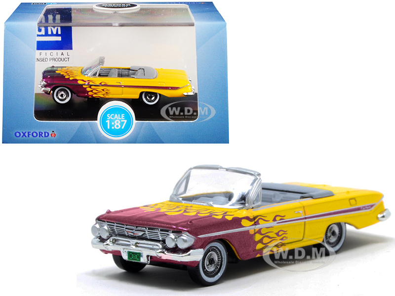 1961 Chevrolet Impala Convertible Yellow with Purple Flames "Hot Rod" 1/87 (HO) Scale Diecast Model Car by Oxford Diecast