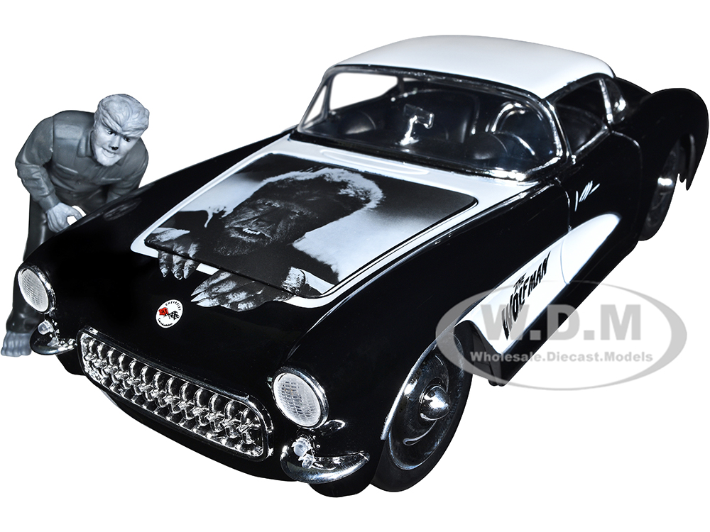 1957 Chevrolet Corvette Black with White Top and Wolfman Diecast Figure Universal Monsters Hollywood Rides Series 1/24 Diecast Model Car by Jada