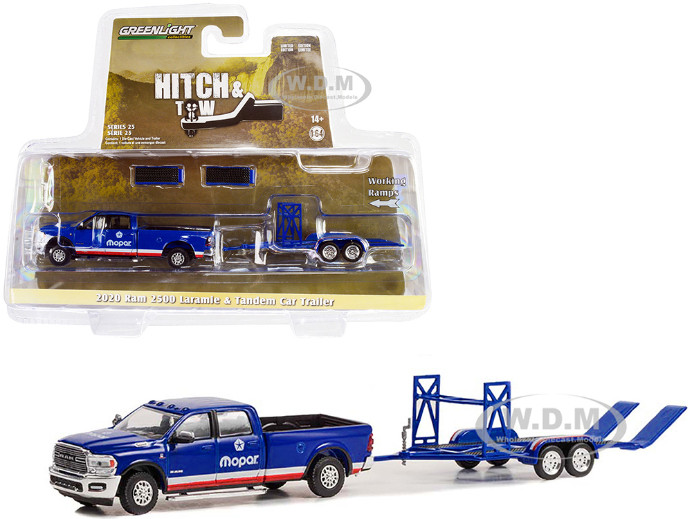 2020 Ram 2500 Laramie Pickup Truck Blue with Red and White Stripes "Mopar" and Tandem Car Trailer "Hitch &amp; Tow" Series 25 1/64 Diecast Model Car