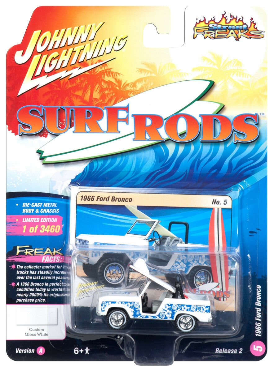 1966 Ford Bronco with Surf Board White and Blue Designs Street Freaks Limited Edition to 3460 pieces Worldwide 1/64 Diecast Model Car by Johnny Lightning