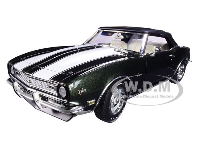 Image of 1968 Chevrolet Camaro Z/28 Convertible Dark Fathom Green Metallic with White Stripes Limited Edition to 570 pieces Worldwide 1/18 Diecast Model Car b