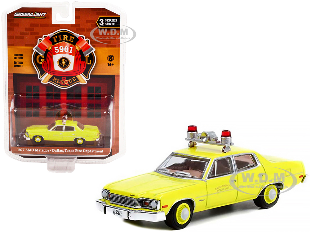 1977 AMC Matador Yellow Dallas Fire Department (Texas) Fire & Rescue Series 3 1/64 Diecast Model Car by Greenlight