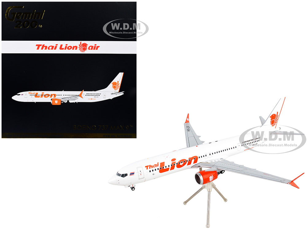 Boeing 737 MAX 9 Commercial Aircraft Thai Lion Air White with Orange Tail Graphics Gemini 200 Series 1/200 Diecast Model Airplane by GeminiJets
