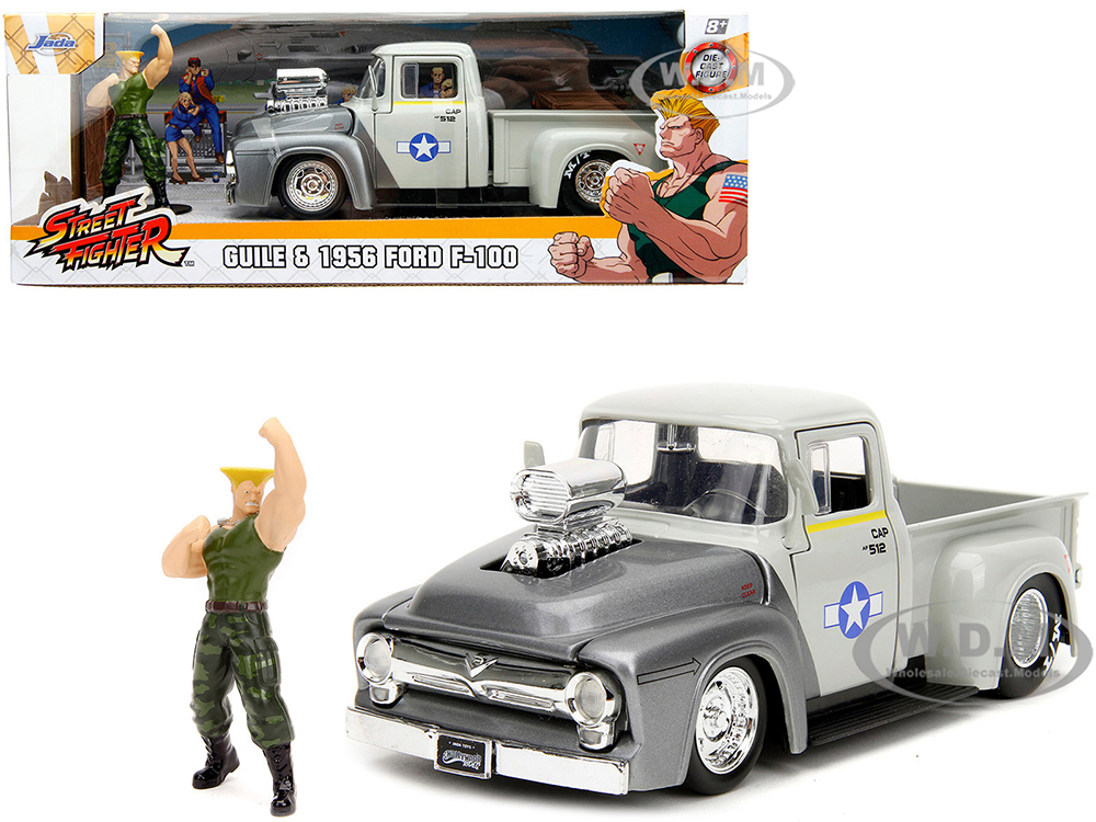 1956 Ford F-100 Pickup Truck Tan and Gray Metallic and Guile Diecast Figure Street Fighter Video Game Anime Hollywood Rides Series 1/24 Diecast Model Car by Jada