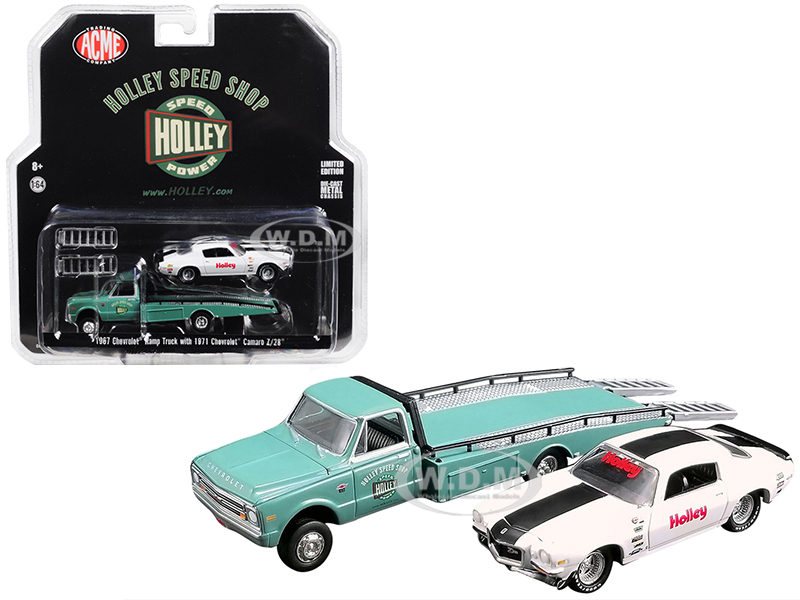 1967 Chevrolet Ramp Truck Turquoise and 1971 Chevrolet Camaro Z/28 White with Black Stripe Holley Speed Shop Acme Exclusive 1/64 Diecast Model Cars by Greenlight for Acme