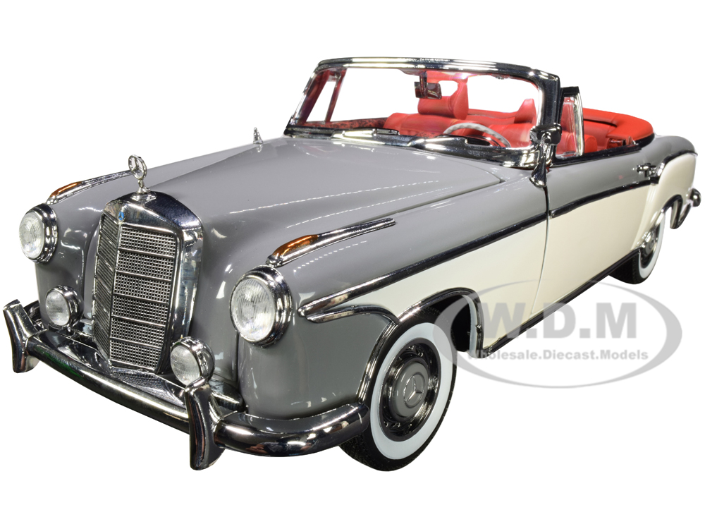 Image of 1958 Mercedes Benz 220 SE Convertible Gray and White with Red Interior 1/18 Diecast Model Car by SunStar