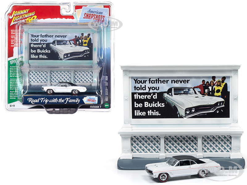 1967 Buick Gs 400 White With "buick" City Billboard "johnny Lightning 50th Anniversary" 1/64 Diecast Model Car By Johnny Lightning
