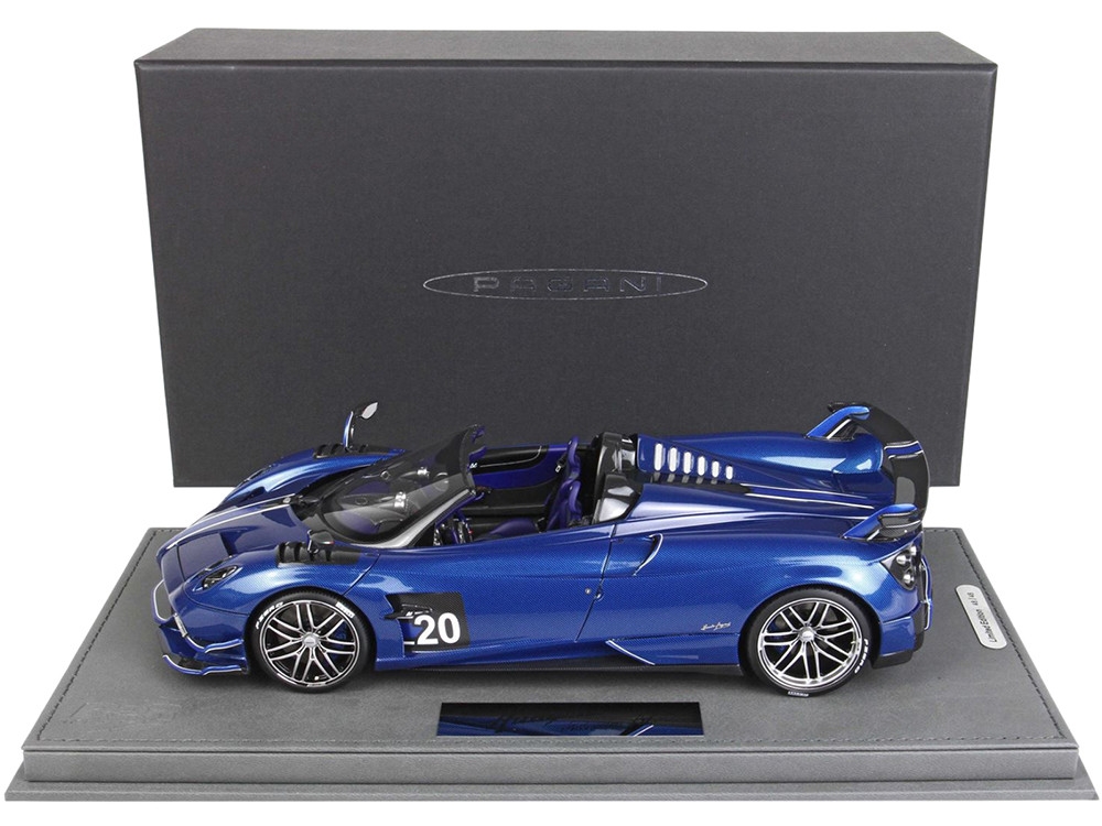 Pagani Huayra Roadster BC Carbon Fiber Blue Metallic with Purple Interior with DISPLAY CASE Limited Edition to 48 pieces Worldwide 1/18 Model Car by