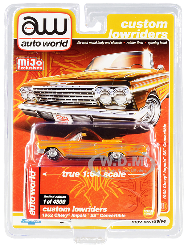 1962 Chevrolet Impala SS Convertible Yellow with Graphics "Custom Lowriders" Limited Edition to 4800 pieces Worldwide 1/64 Diecast Model Car by Auto