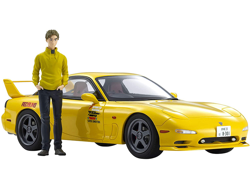 Image of Mazda RX-7 (FD3S) RHD (Right Hand Drive) Yellow with Keisuke Takahashi Figurine "Initial D" 1/18 Model Car by Kyosho