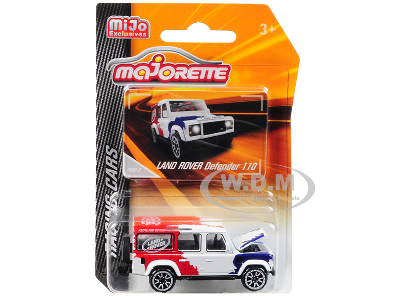 Land Rover Defender 110 White/red/blue "above And Beyond" "racing Cars" 1/60 Diecast Model Car By Majorette