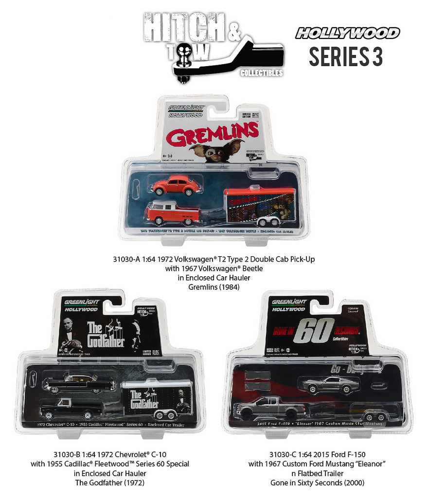 Brand new 1:64 scale car models of Hollywood Hitch & Tow Series 3 Set of 3 die cast car models by Greenlight.Limited Edition.Detailed Interior Exterior.Metal Body.Comes in a blister pack.Officially Licensed Product.Dimensions Approximately L-7 Inches Long.All trailers come with corkscrew jacks for stand-alone display.SET INCLUDES:1972 Volkswagen T2 Type 2 Double Cab Pickup with 1967 Volkswagen Beetle in Enclosed Car Hauler "Gremlins" Movie (1984).1972 Chevrolet C-10 with 1955 Cadillac Fleetwood Series 60 Special in Enclosed Car Trailer "The Godfather" Movie (1972).2015 Ford F-150 with 1967 Custom Ford Mustang "Eleanor" on Flatbed Trailer "Gone in Sixty Seconds" Movie (2000).
