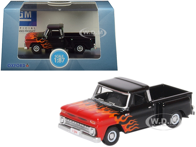 1965 Chevrolet C10 Stepside Pickup Truck Black with Flames "Hot Rod" 1/87 (HO) Scale Diecast Model Car by Oxford Diecast