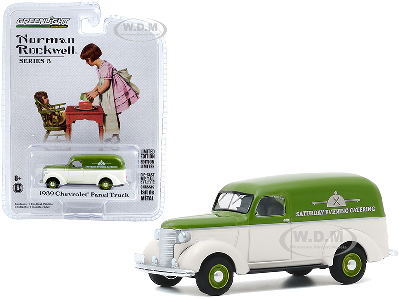 Image of 1939 Chevrolet Panel Truck "Saturday Evening Catering" Green and Cream "Norman Rockwell" Series 3 1/64 Diecast Model Car by Greenlight