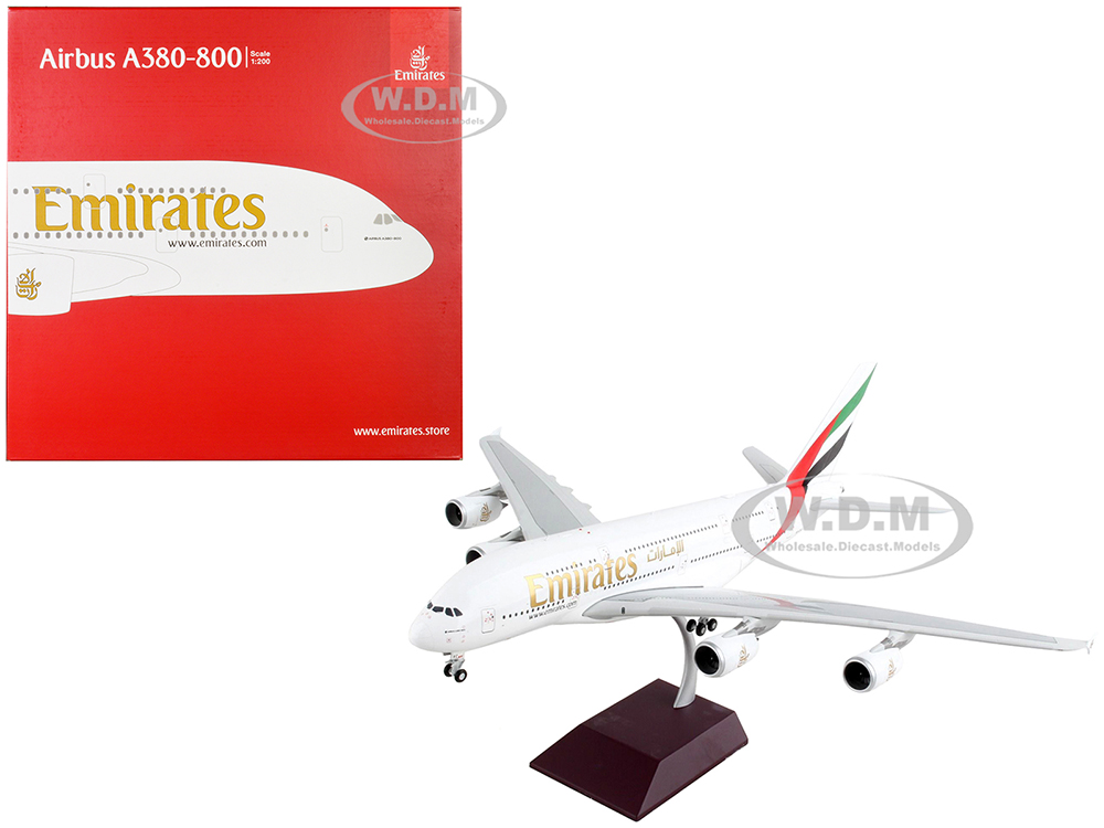 Airbus A380-800 Commercial Aircraft Emirates Airlines - A6-EVC White with Striped Tail Gemini 200 Series 1/200 Diecast Model Airplane by GeminiJets