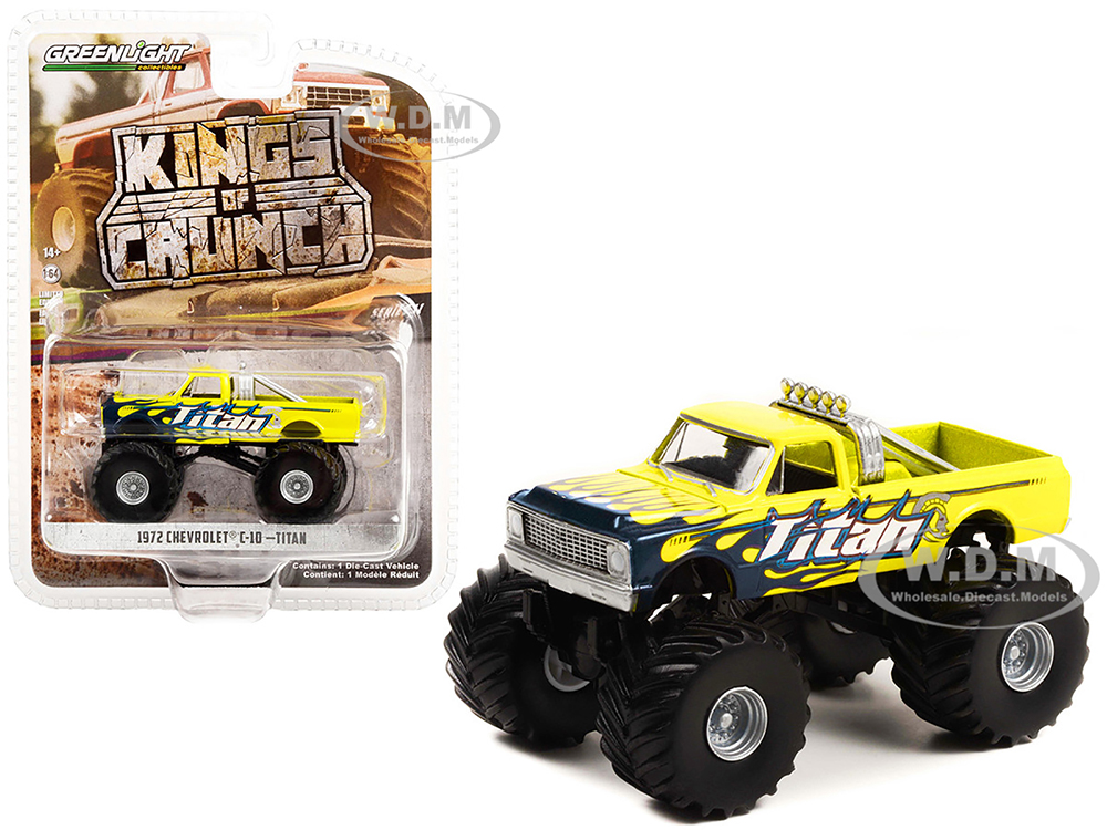 1972 Chevrolet C-10 Monster Truck Yellow with Flames "Titan" "Kings of Crunch" Series 11 1/64 Diecast Model Car by Greenlight