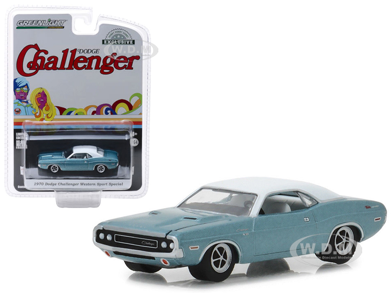 1970 Dodge Challenger Blue With White Top "western Sport Special" Hobby Exclusive 1/64 Diecast Model Car By Greenlight