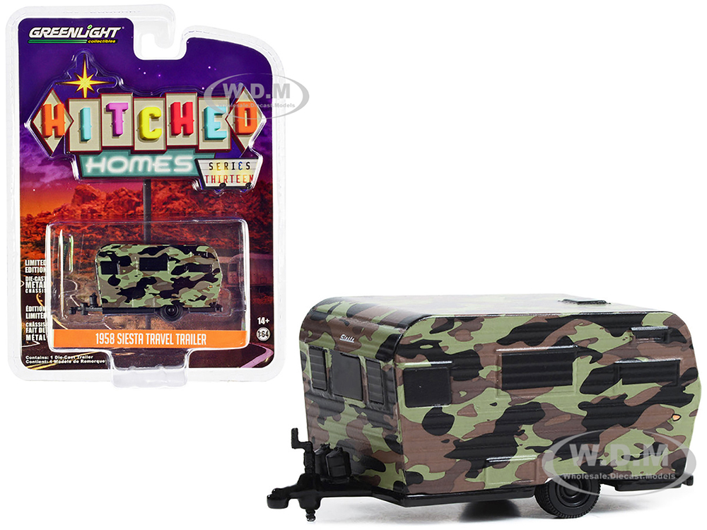 1958 Siesta Travel Trailer Camouflage Hitched Homes Series 13 1/64 Diecast Model by Greenlight