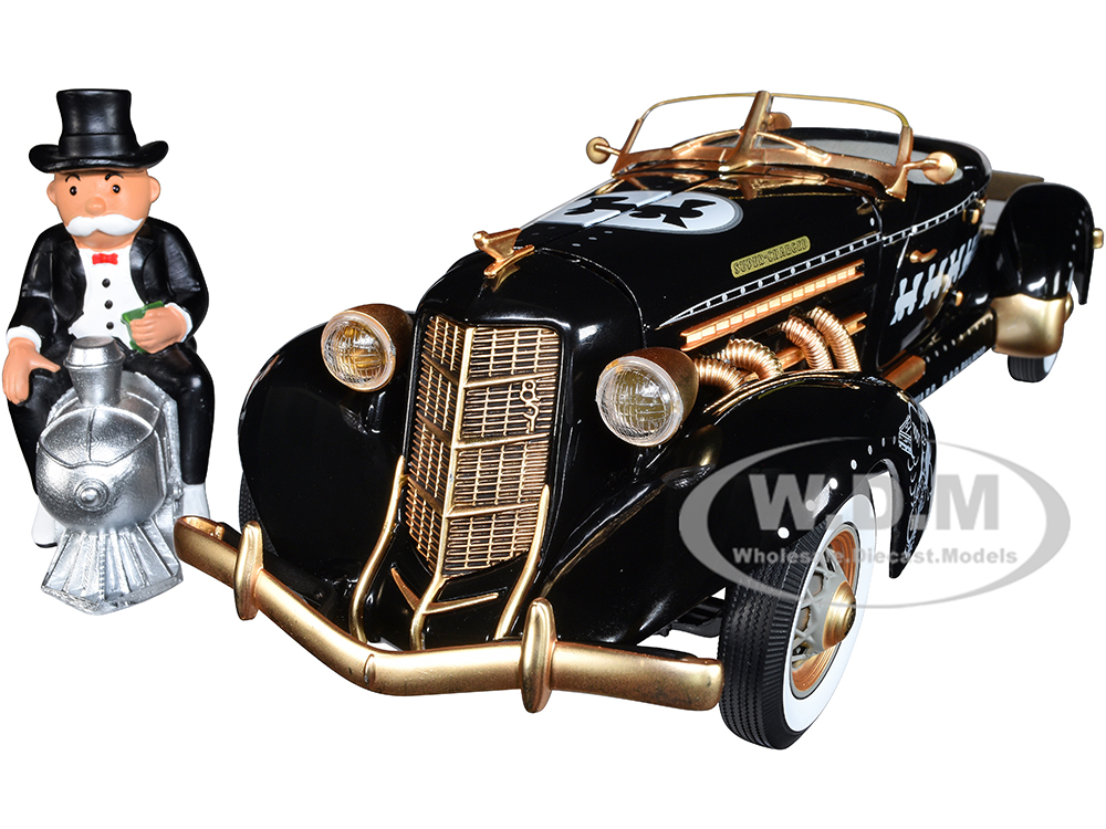 1935 Auburn 851 Speedster Black with "Monopoly" Graphics and Mr. Monopoly Resin Figure 1/18 Diecast Model Car by Auto World