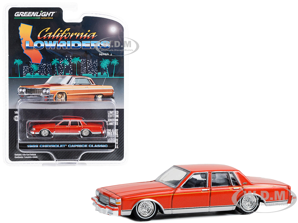 1989 Chevrolet Caprice Classic Lowrider Custom Red Orange with Yellow Stripes California Lowriders Series 3 1/64 Diecast Model Car by Greenlight
