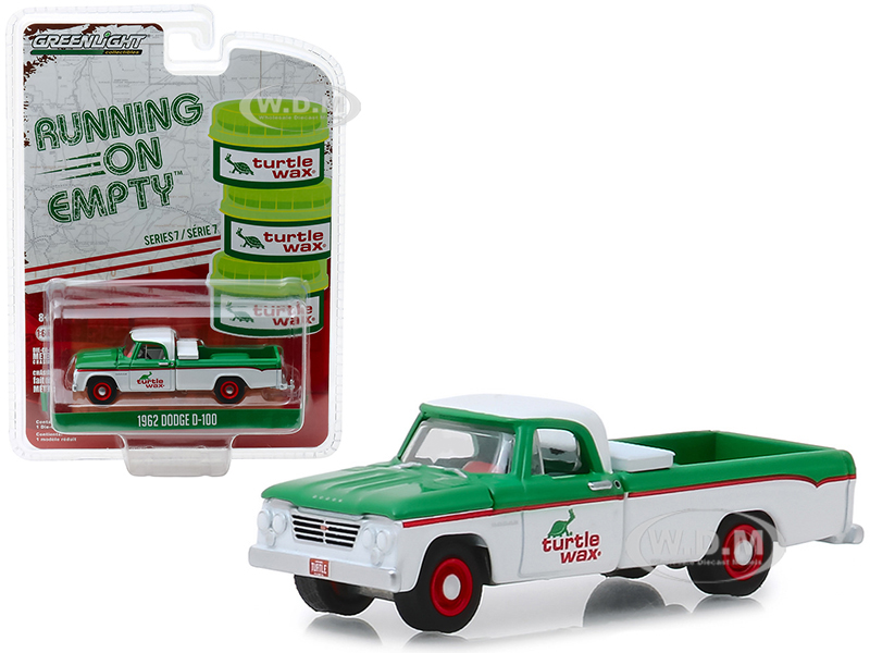 Image of 1962 Dodge D-100 "Turtle Wax" Pickup Truck White and Green "Running on Empty" Series 7 1/64 Diecast Model Car by Greenlight