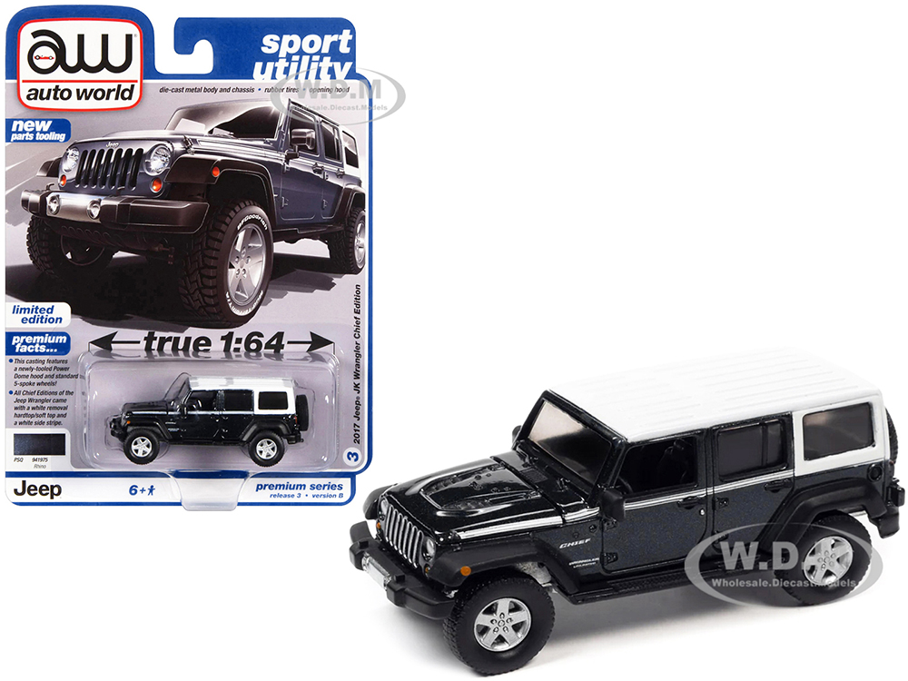2017 Jeep JK Wrangler Chief Edition Rhino Blue Metallic with White Top "Sport Utility" Series Limited Edition 1/64 Diecast Model Car by Auto World