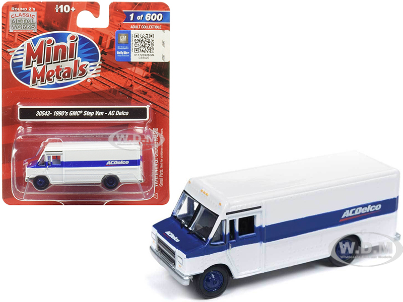 Image of 1990 GMC Step Van "ACDelco" White with Blue Stripe 1/87 (HO) Scale Model by Classic Metal Works
