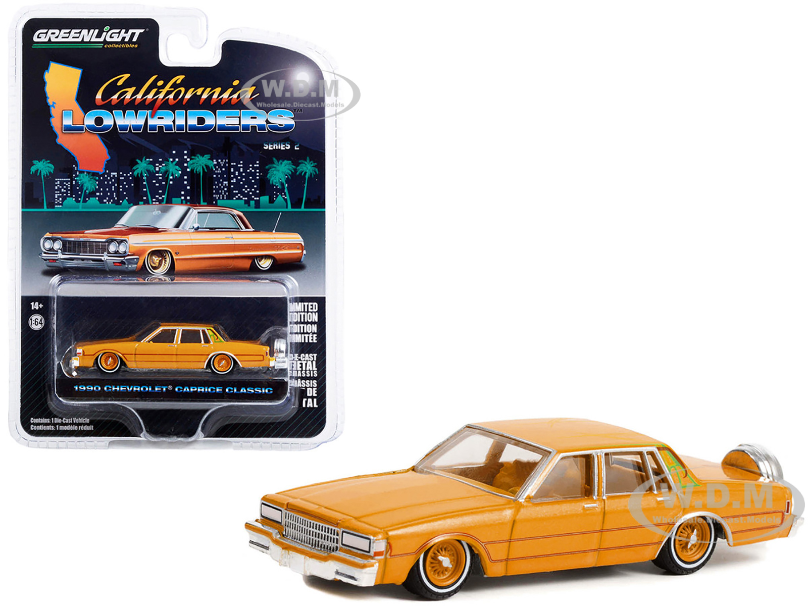 1990 Chevrolet Caprice Classic Custom Kandy Orange Metallic with Orange Interior California Lowriders Series 2 1/64 Diecast Model Car by Greenlight