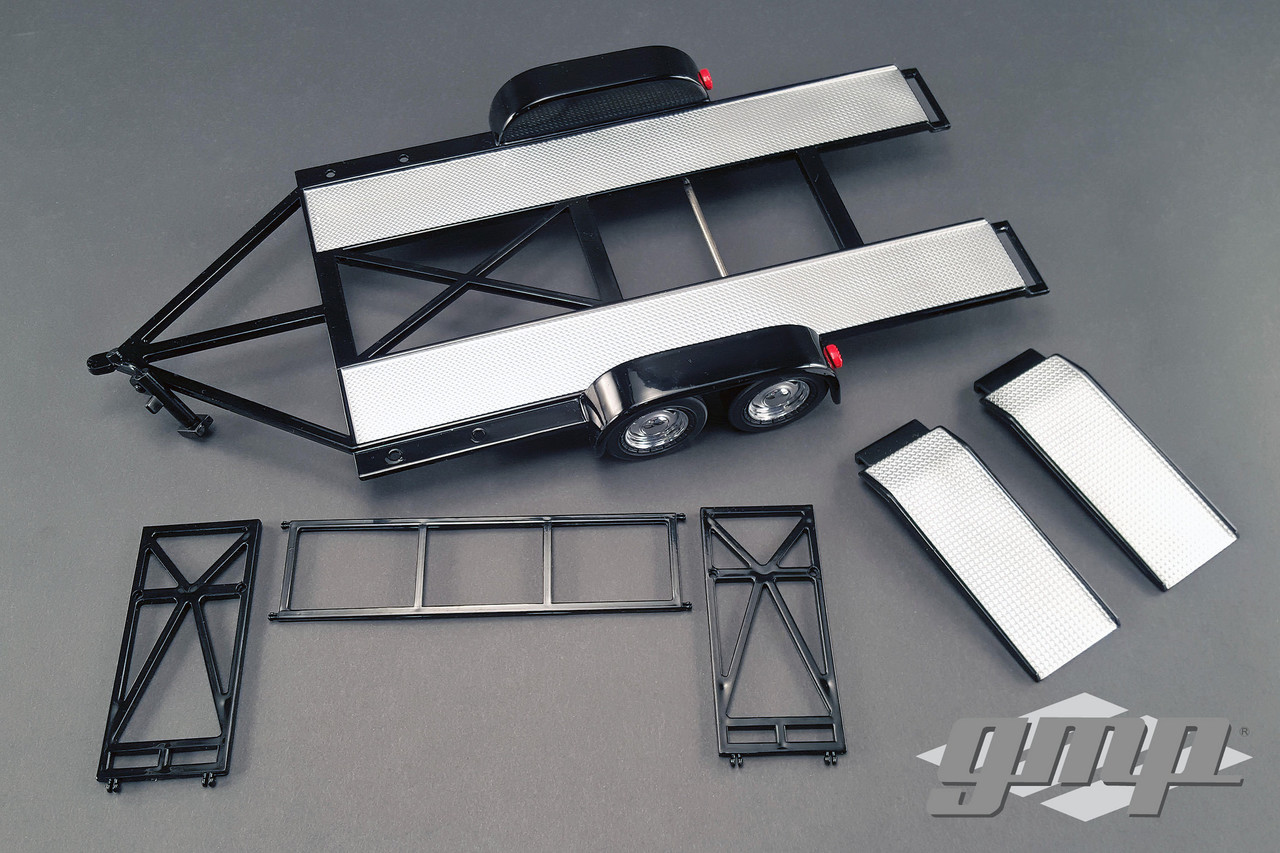 Tandem Car Trailer With Tire Rack Black 1/18 Diecast Model By Gmp