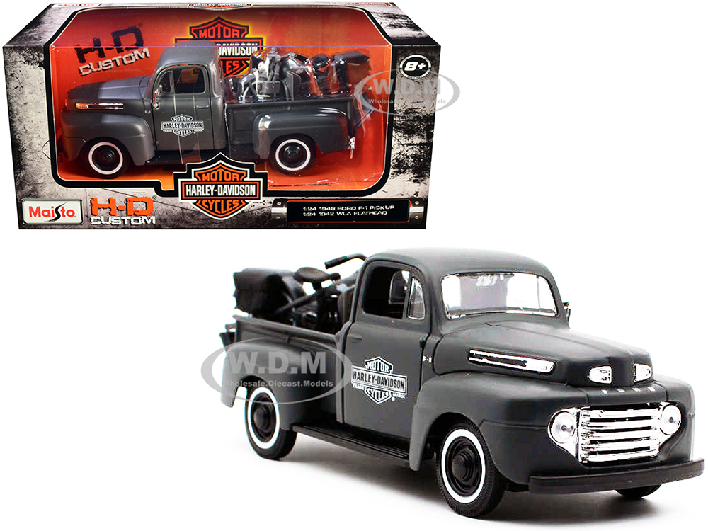 1948 Ford F-1 Pickup Truck and 1942 Harley-Davidson WLA Flathead Motorcycle Matt Dark Gray Harley-Davidson Custom 1/24 Diecast Models by Maisto
