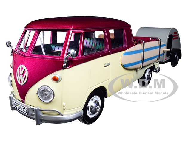 Volkswagen T1 Pickup Truck Purple And Cream With Surfboard Accessories And Gray Teardrop Trailer 1/24 Diecast Model Car By Motormax