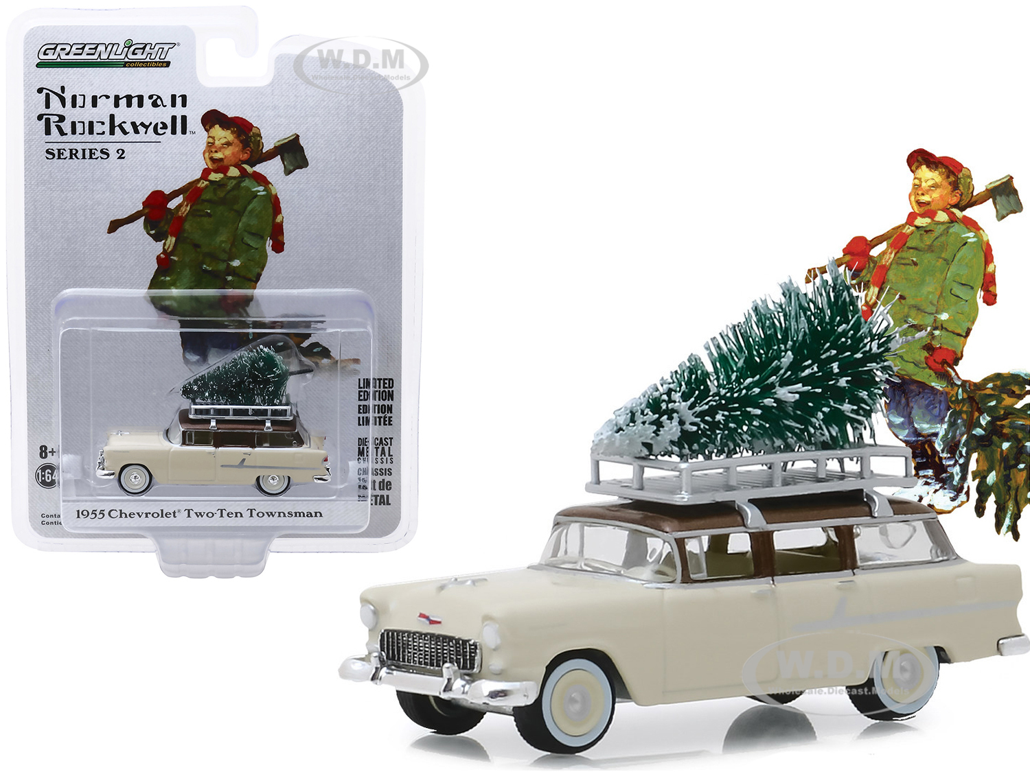 1955 Chevrolet Two-ten Townsman Cream With Brown Top With Roof Rack And Christmas Tree Accessory "norman Rockwell" Series 2 1/64 Diecast Model Car By