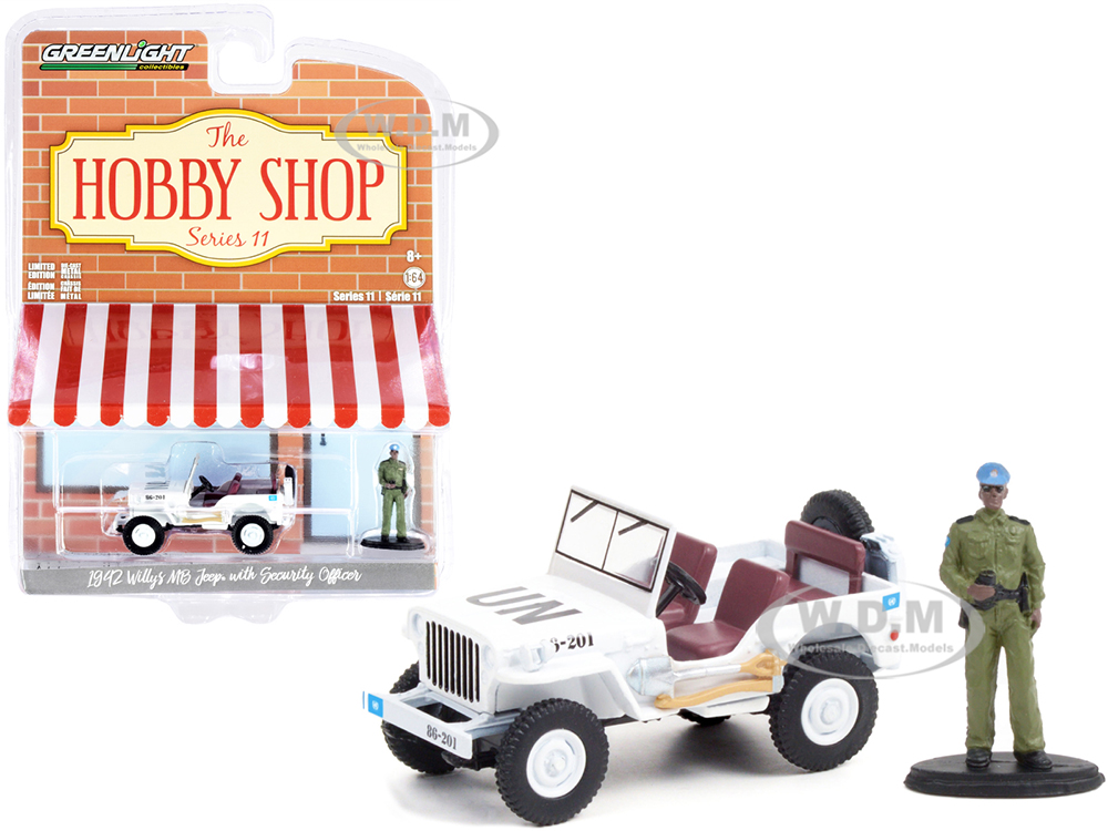 1942 Willys MB Jeep UN "United Nations" White and Security Officer Figurine "The Hobby Shop" Series 11 1/64 Diecast Model Car by Greenlight