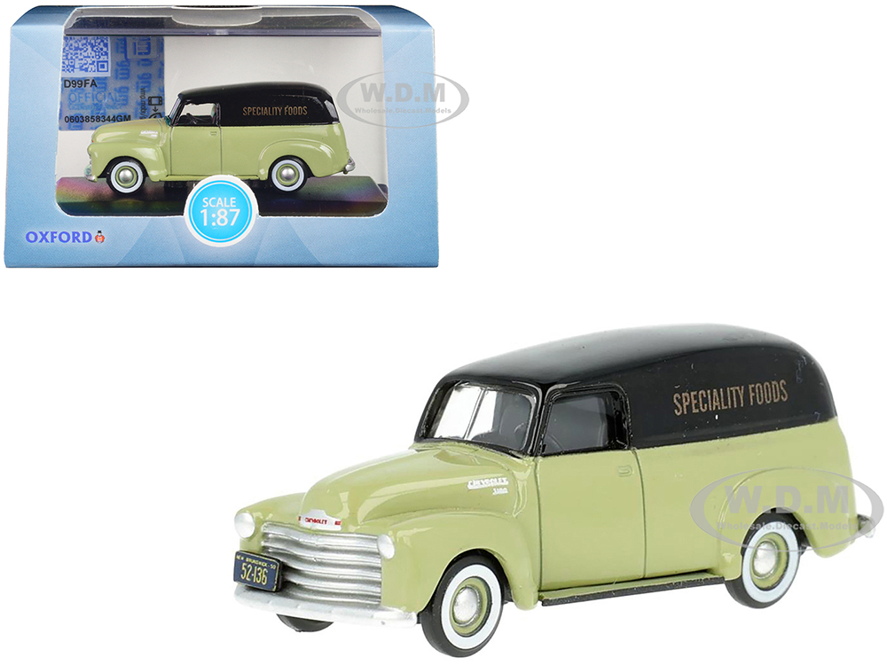 1950 Chevrolet Panel Van Speciality Foods Light Green and Black 1/87 (HO) Scale Diecast Model Car by Oxford Diecast