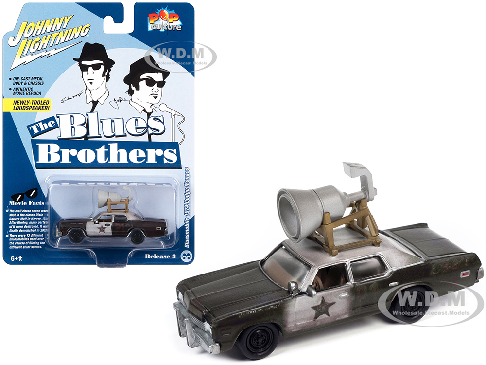 1974 Dodge Monaco Police Car Black and White (Dirty) w/Roof Speaker Blues Brothers (1980) Movie Pop Culture 2023 Release 3 1/64 Diecast Model Car by Johnny Lightning