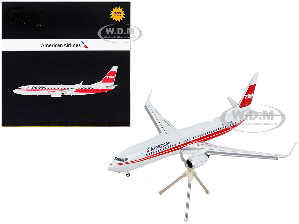 Boeing 737-800 Commercial Aircraft with Flaps Down American Airlines - Trans World Airlines Gray with Red Stripes Gemini 200 Series 1/200 Diecast Model Airplane by GeminiJets