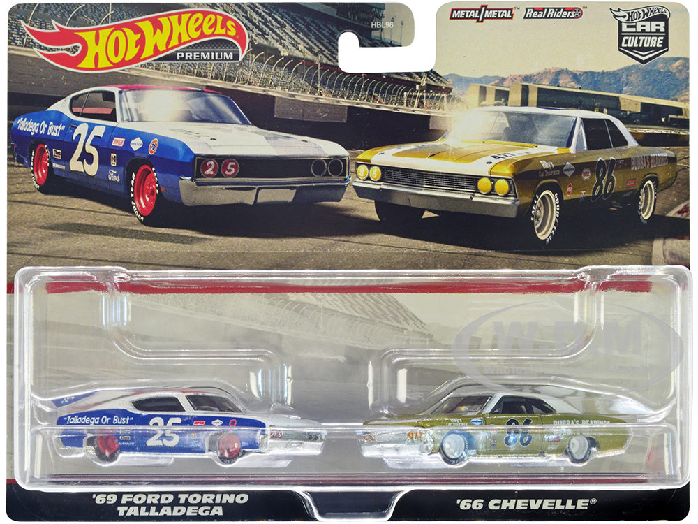 1969 Ford Torino Talladega 25 White and Blue with Red Top and 1966 Chevrolet Chevelle 86 Gold with White Top "Car Culture" Set of 2 Cars Diecast Mode