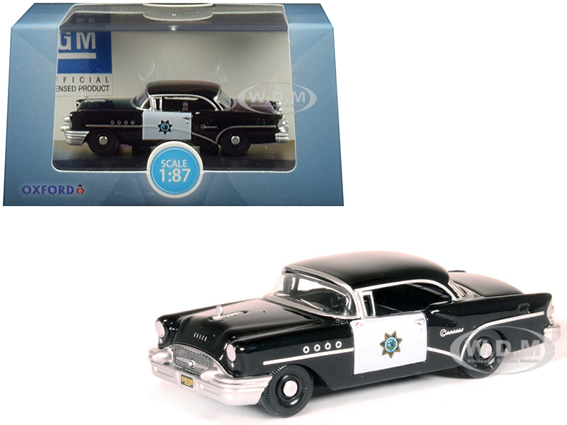 1955 Buick Century California Highway Patrol (CHP) Black 1/87 (HO) Scale Diecast Model Car by Oxford Diecast