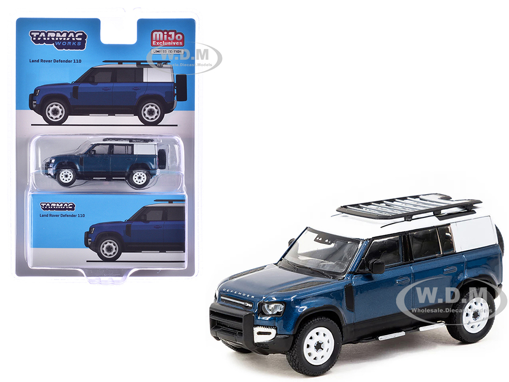 Land Rover Defender 110 Blue Metallic with White Top and Roof Rack Global64 Series 1/64 Diecast Model by Tarmac Works