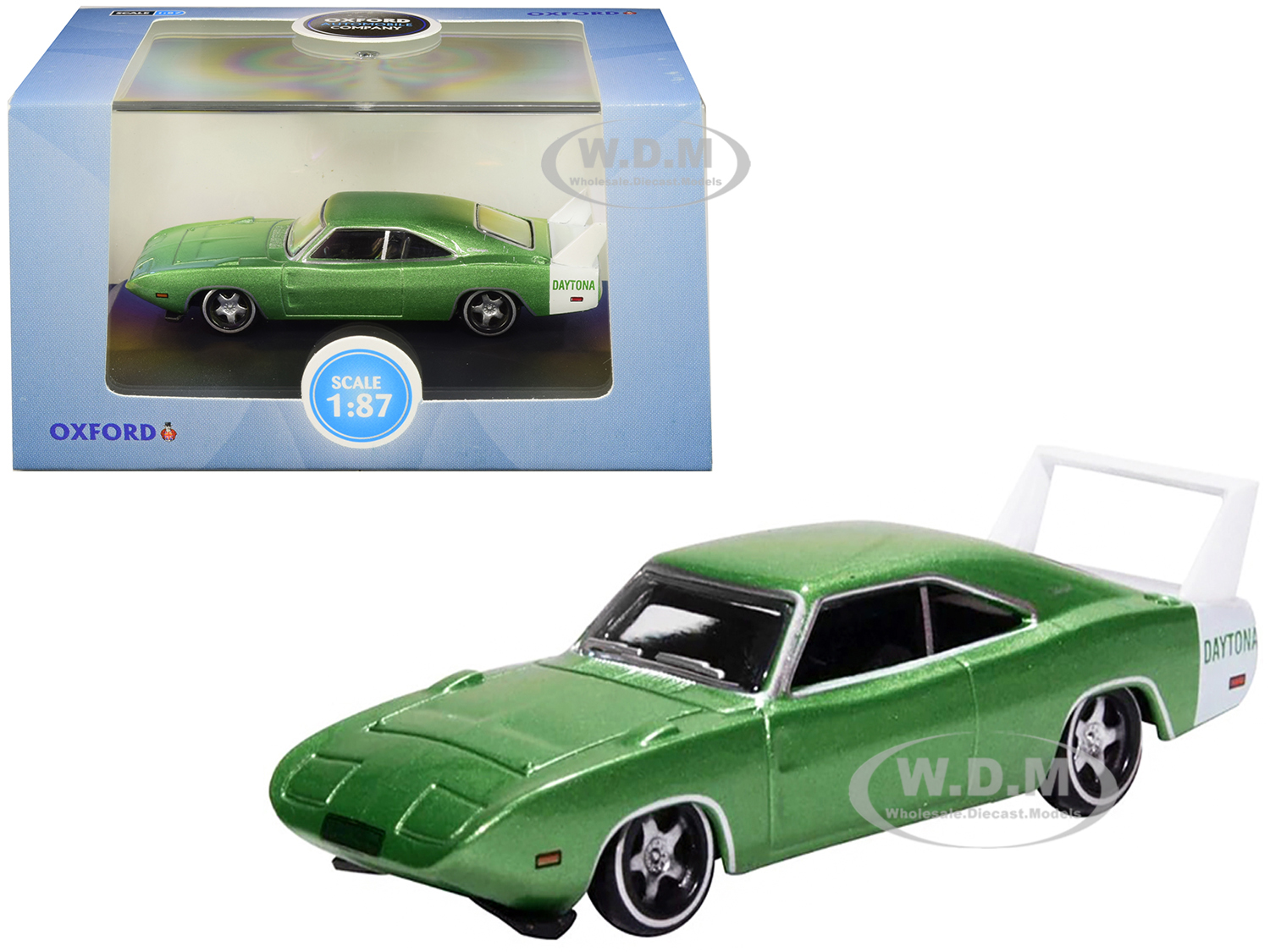 1969 Dodge Charger Daytona Metallic Bright Green with White Stripe 1/87 (HO) Scale Diecast Model Car by Oxford Diecast