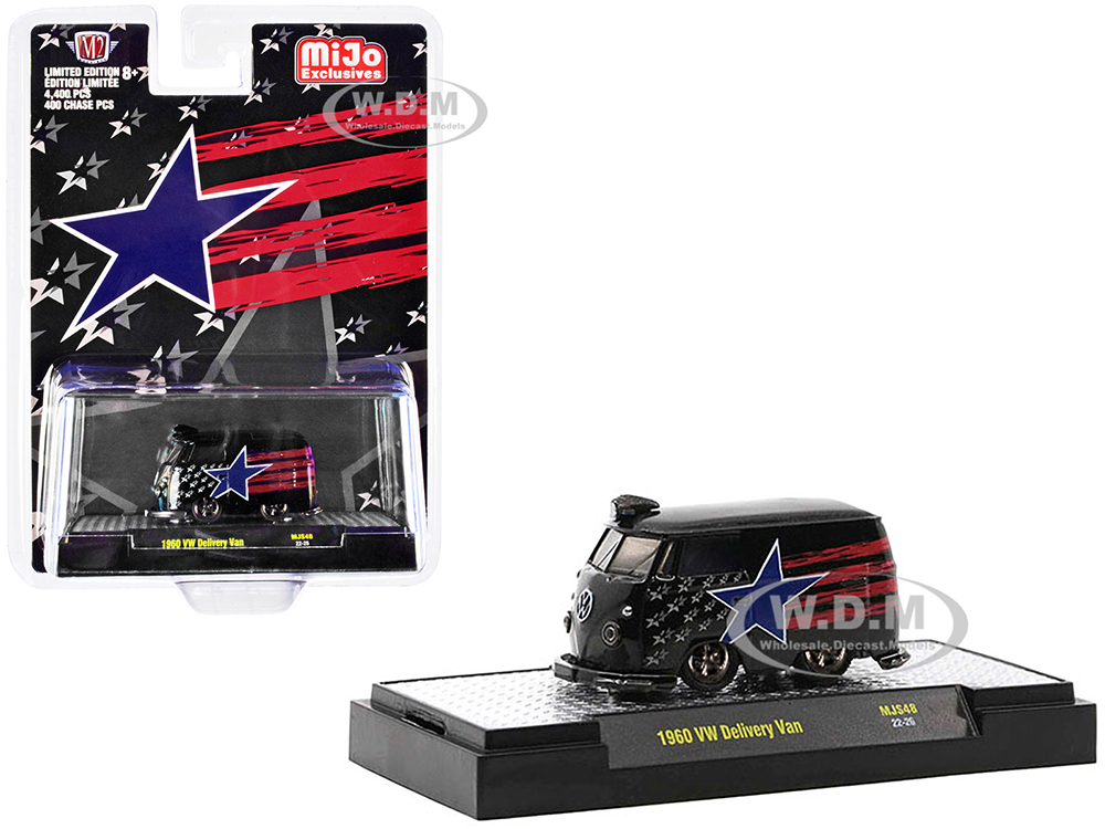 1960 Volkswagen Delivery Van Black with Stars and Stripes Graphics Limited Edition to 4400 pieces Worldwide 1/64 Diecast Model Car by M2 Machines